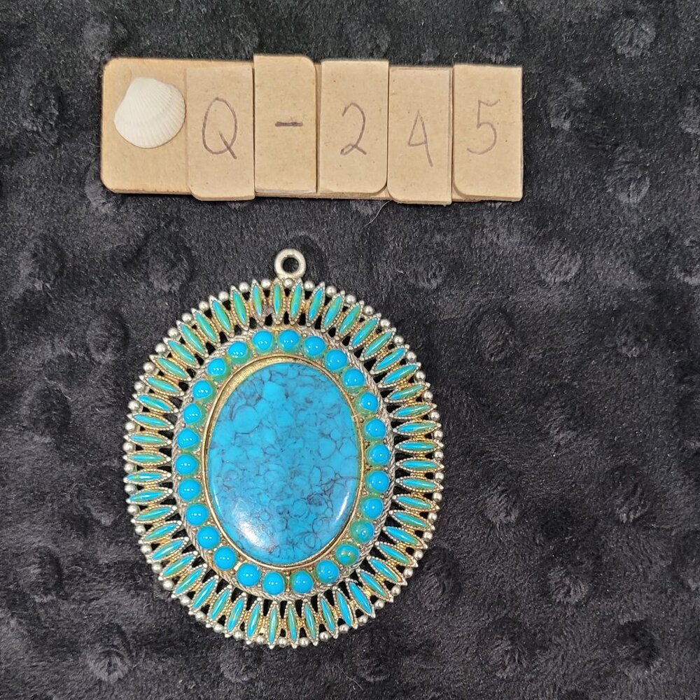 Item #Q245  Sterling Silver 3.25 in Turquoise color stones oval  Pendant